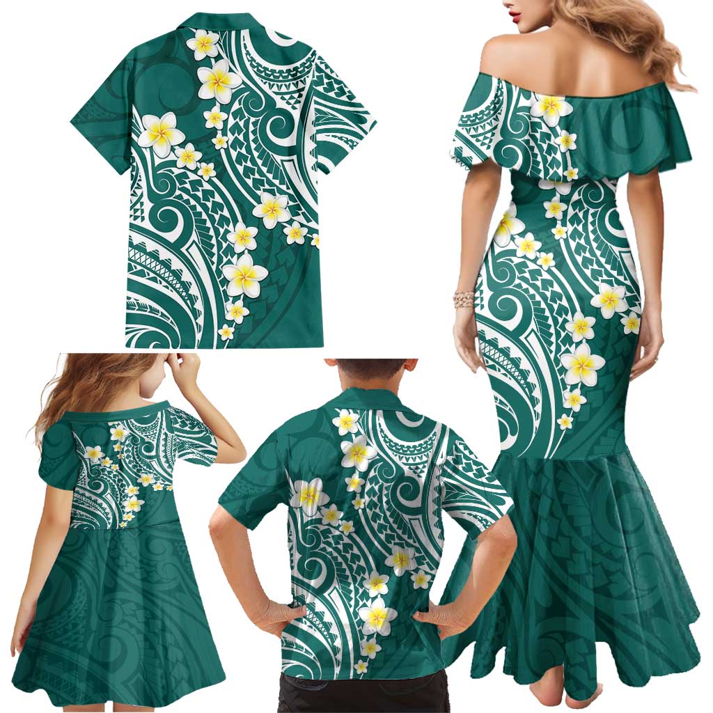 Plumeria With Teal Polynesian Tattoo Pattern Family Matching Mermaid Dress and Hawaiian Shirt