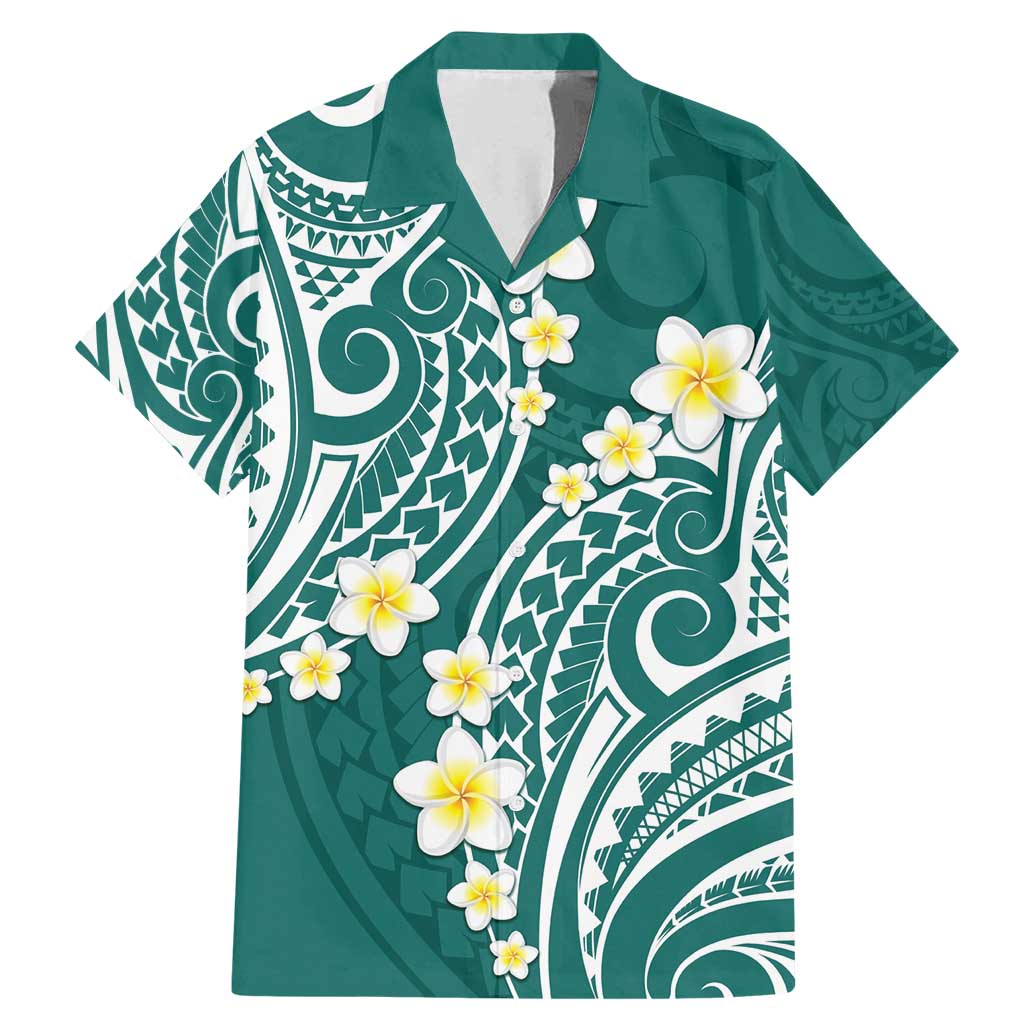 Plumeria With Teal Polynesian Tattoo Pattern Family Matching Mermaid Dress and Hawaiian Shirt