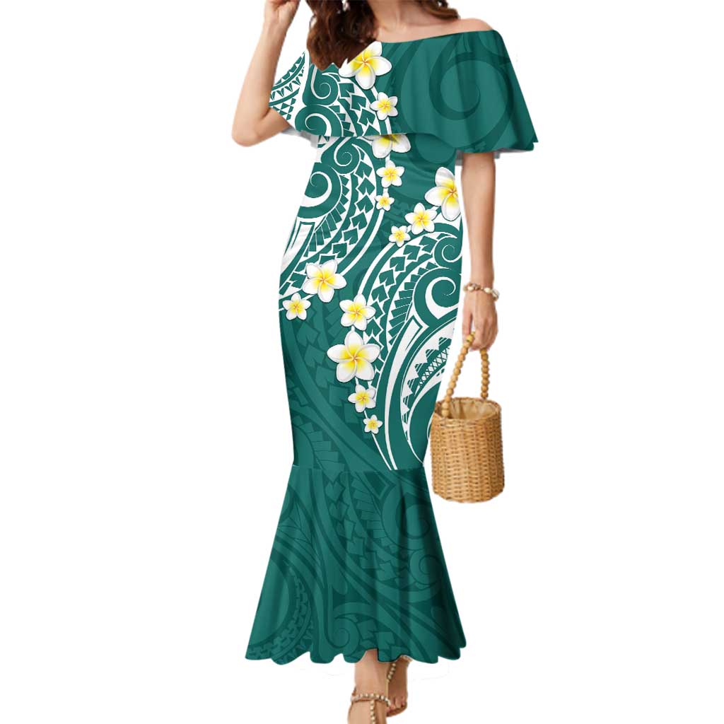 Plumeria With Teal Polynesian Tattoo Pattern Family Matching Mermaid Dress and Hawaiian Shirt
