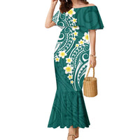 Plumeria With Teal Polynesian Tattoo Pattern Family Matching Mermaid Dress and Hawaiian Shirt