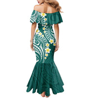 Plumeria With Teal Polynesian Tattoo Pattern Family Matching Mermaid Dress and Hawaiian Shirt