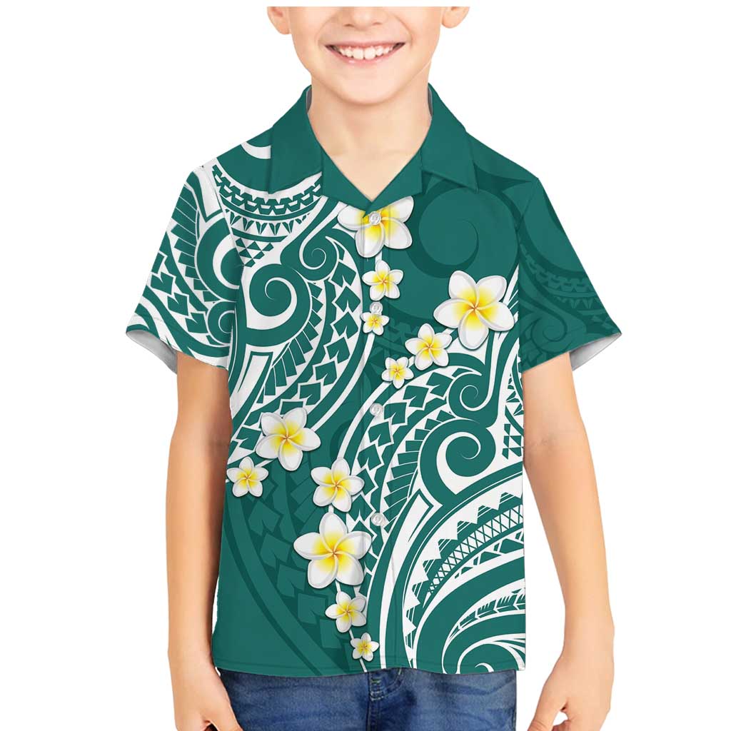 Plumeria With Teal Polynesian Tattoo Pattern Family Matching Mermaid Dress and Hawaiian Shirt