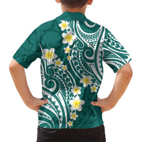 Plumeria With Teal Polynesian Tattoo Pattern Family Matching Short Sleeve Bodycon Dress and Hawaiian Shirt