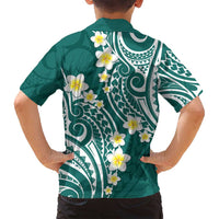 Plumeria With Teal Polynesian Tattoo Pattern Family Matching Summer Maxi Dress and Hawaiian Shirt