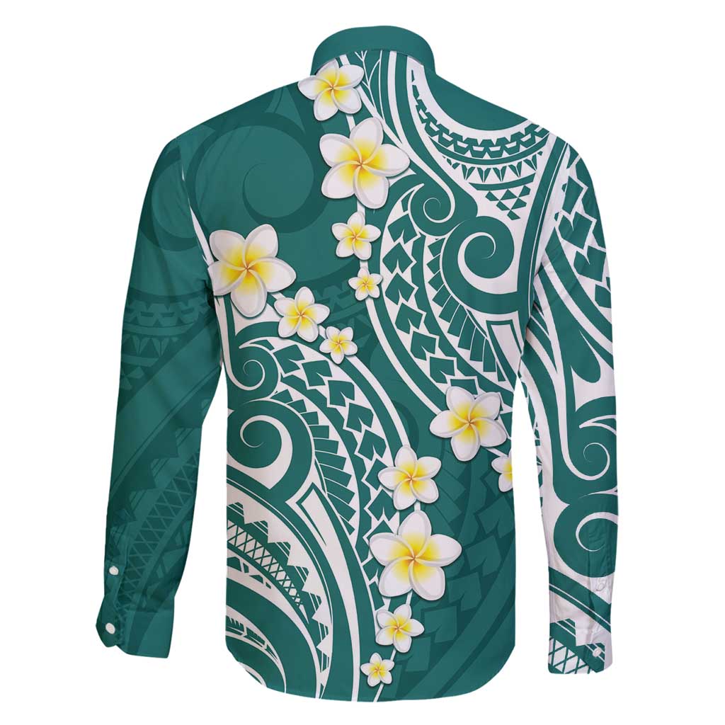 Plumeria With Teal Polynesian Tattoo Pattern Family Matching Tank Maxi Dress and Hawaiian Shirt