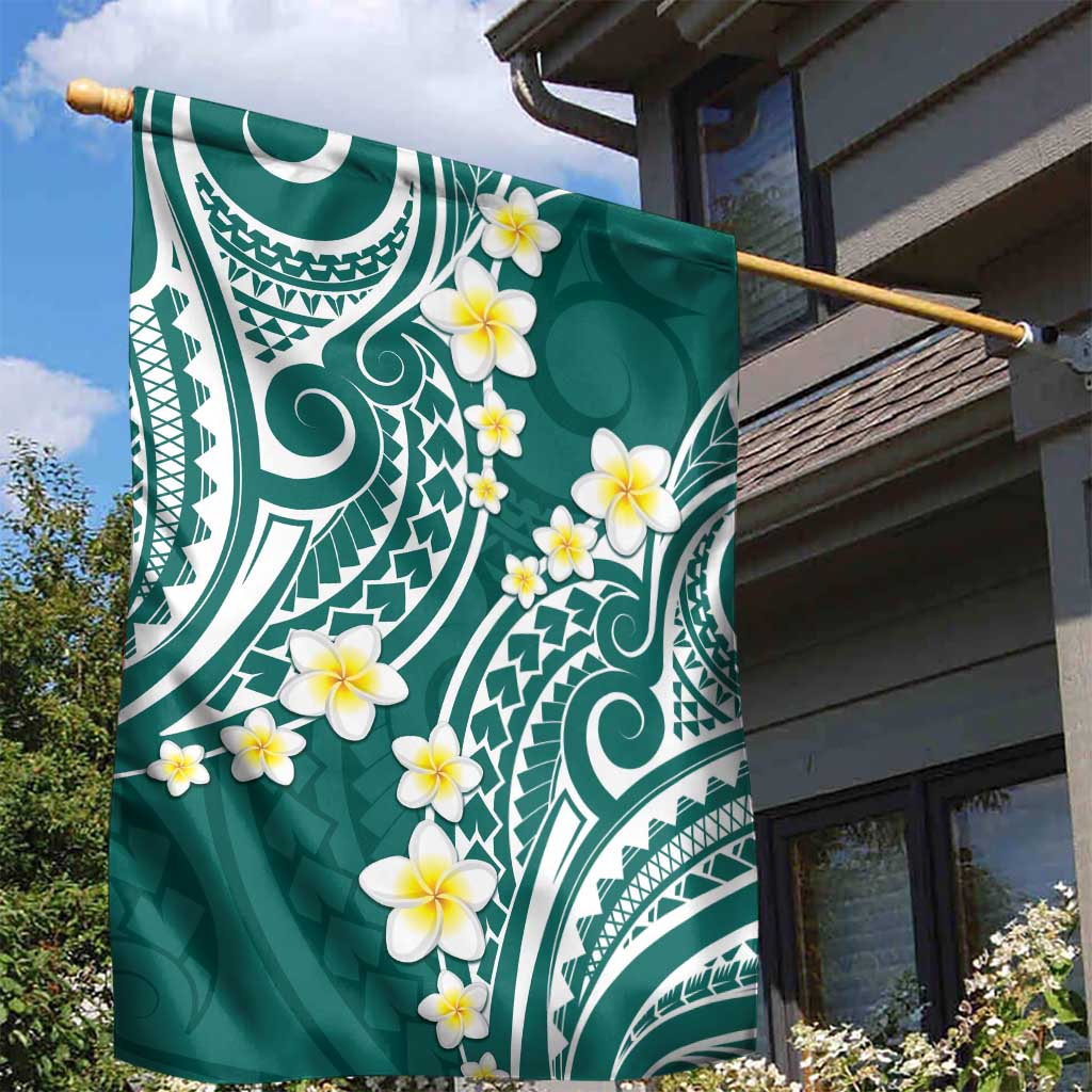 Plumeria With Teal Polynesian Tattoo Pattern Garden Flag