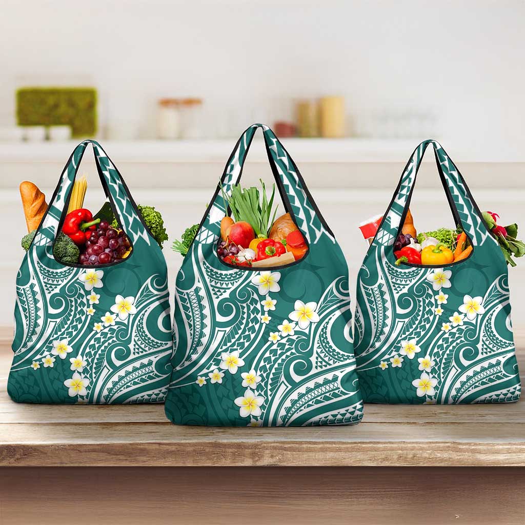 Plumeria With Teal Polynesian Tattoo Pattern Grocery Bag