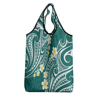 Plumeria With Teal Polynesian Tattoo Pattern Grocery Bag