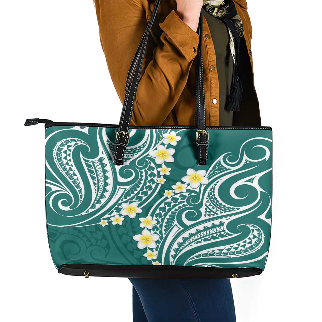 Plumeria With Teal Polynesian Tattoo Pattern Leather Tote Bag