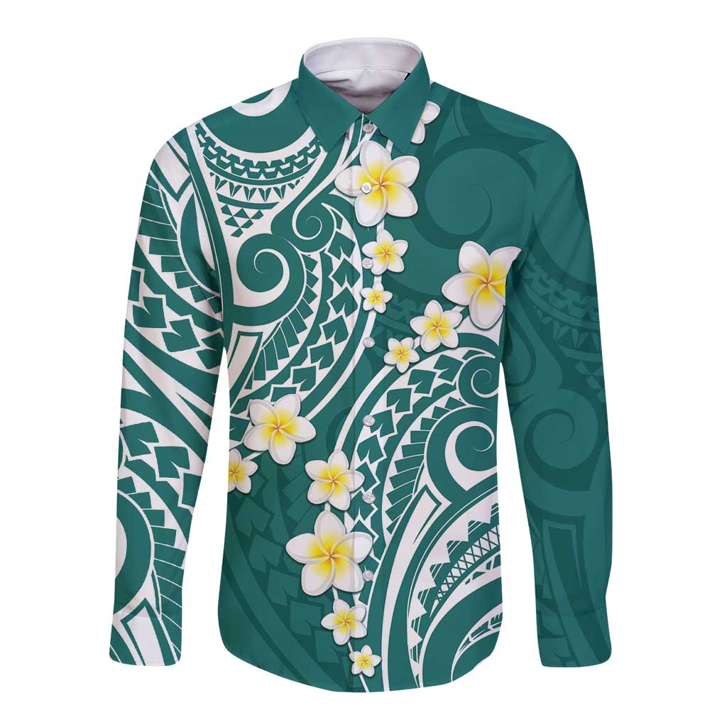 Plumeria With Teal Polynesian Tattoo Pattern Long Sleeve Button Shirt LT05 Unisex Teal - Polynesian Pride