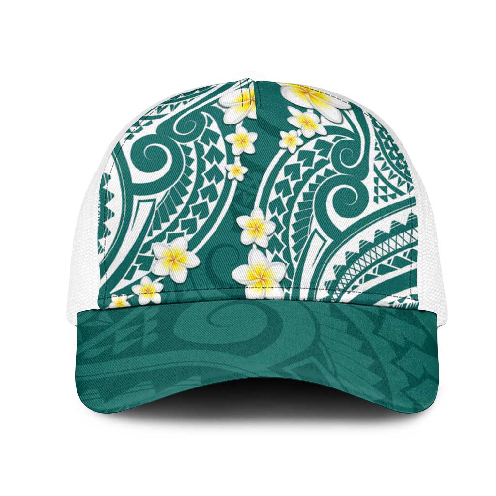 Plumeria With Teal Polynesian Tattoo Pattern Mesh Trucker Cap LT05 One Size White Teal - Polynesian Pride