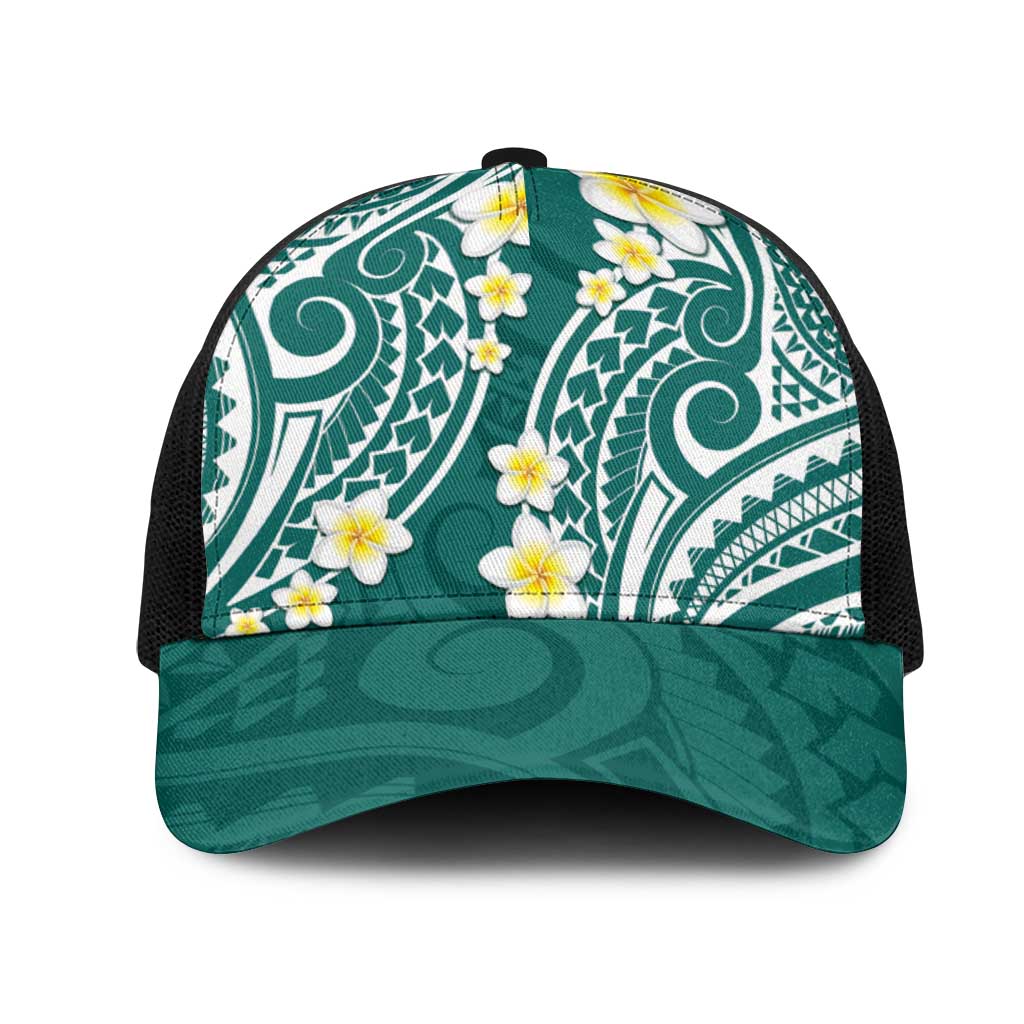 Plumeria With Teal Polynesian Tattoo Pattern Mesh Trucker Cap LT05 One Size Black Teal - Polynesian Pride