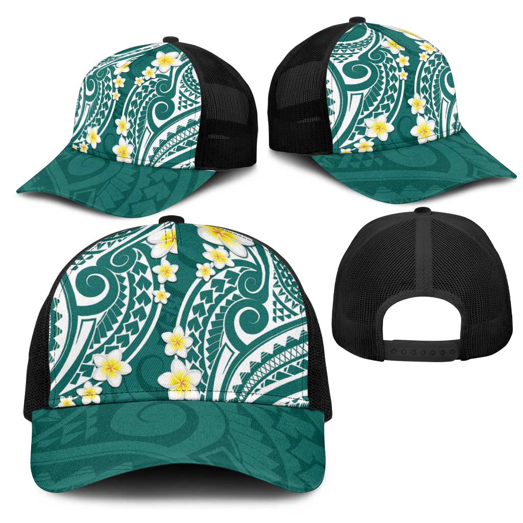 Plumeria With Teal Polynesian Tattoo Pattern Mesh Trucker Cap LT05 - Polynesian Pride