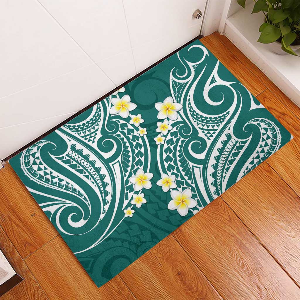 Plumeria With Teal Polynesian Tattoo Pattern Rubber Doormat
