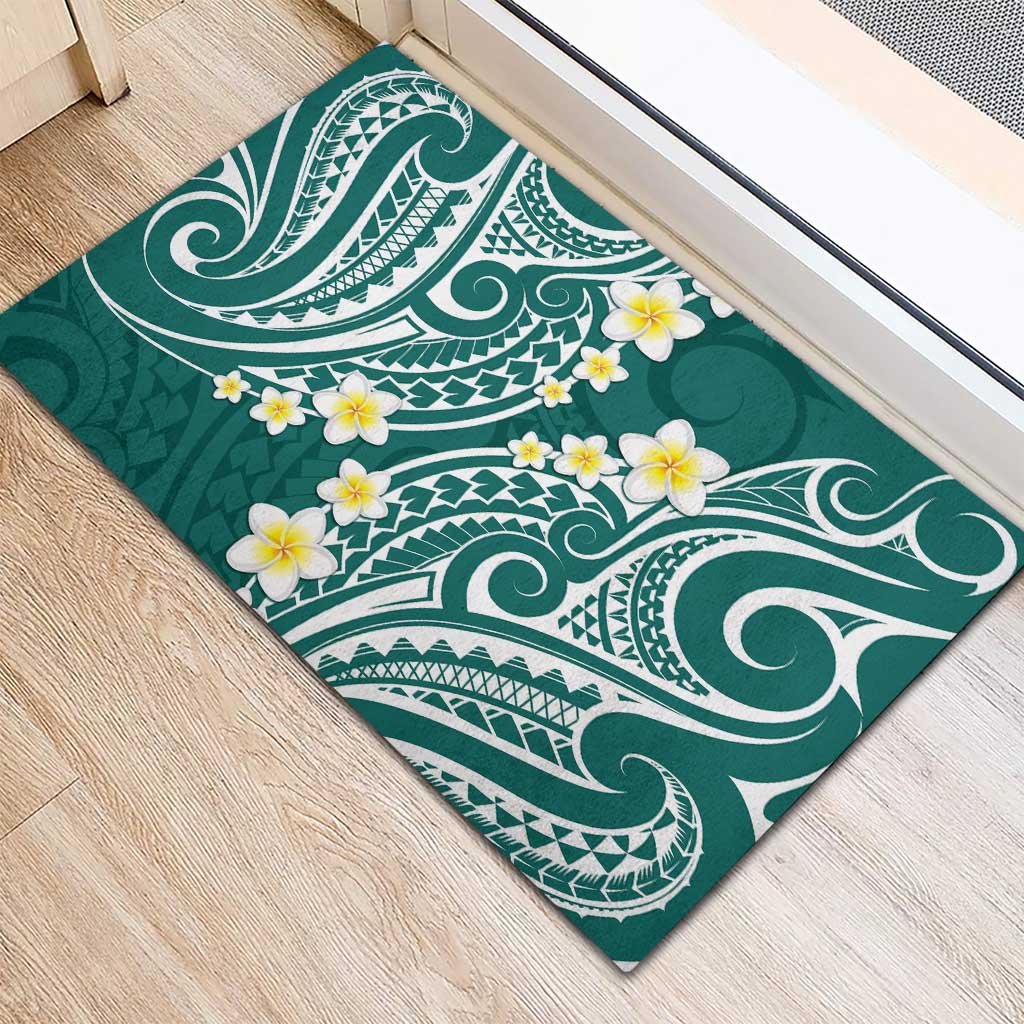 Plumeria With Teal Polynesian Tattoo Pattern Rubber Doormat