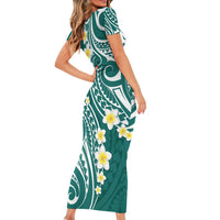 Plumeria With Teal Polynesian Tattoo Pattern Short Sleeve Bodycon Dress