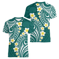 Plumeria With Teal Polynesian Tattoo Pattern Women V-Neck T-Shirt