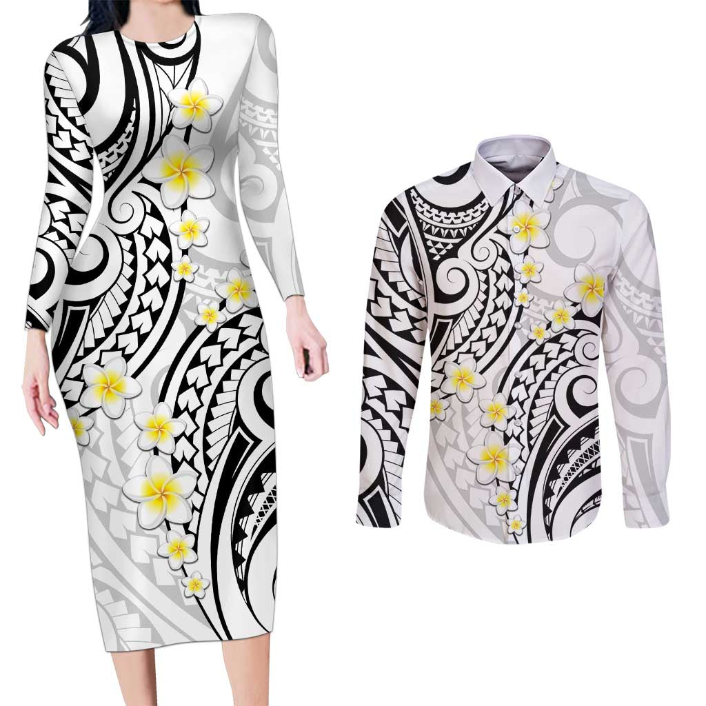 Plumeria With White Polynesian Tattoo Pattern Couples Matching Long Sleeve Bodycon Dress and Long Sleeve Button Shirt