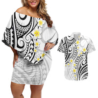 Plumeria With White Polynesian Tattoo Pattern Couples Matching Off Shoulder Short Dress and Hawaiian Shirt