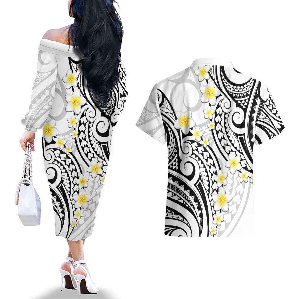 Plumeria With White Polynesian Tattoo Pattern Couples Matching Off The Shoulder Long Sleeve Dress and Hawaiian Shirt
