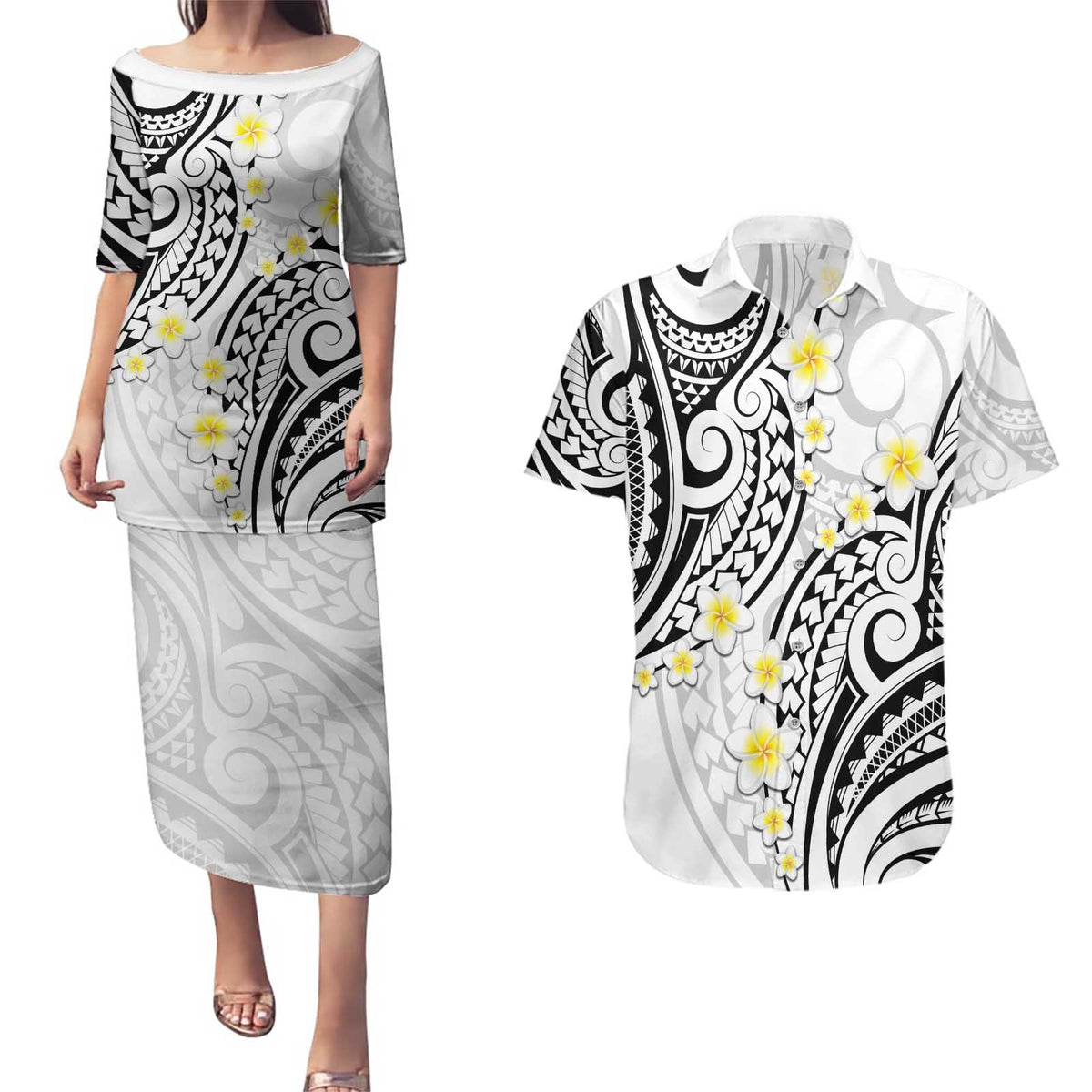 Plumeria With White Polynesian Tattoo Pattern Couples Matching Puletasi and Hawaiian Shirt