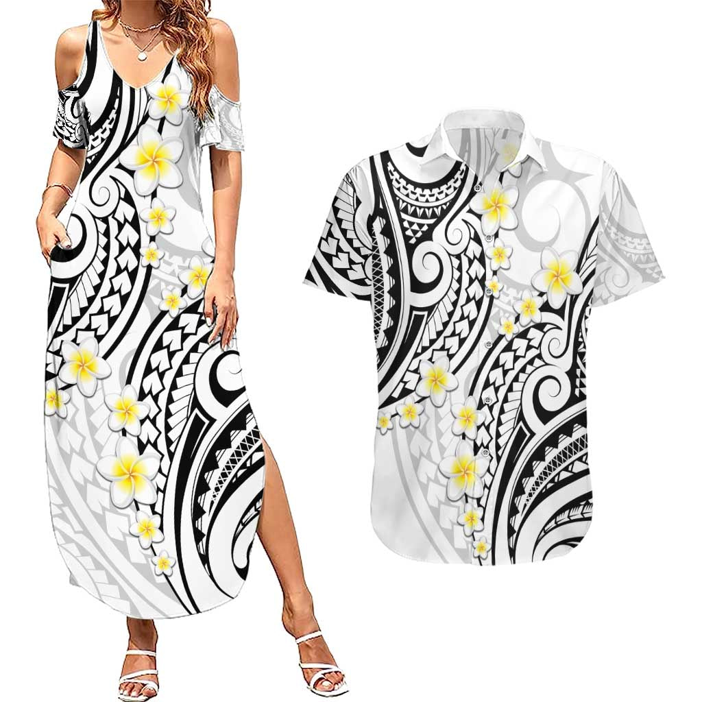 Plumeria With White Polynesian Tattoo Pattern Couples Matching Summer Maxi Dress and Hawaiian Shirt