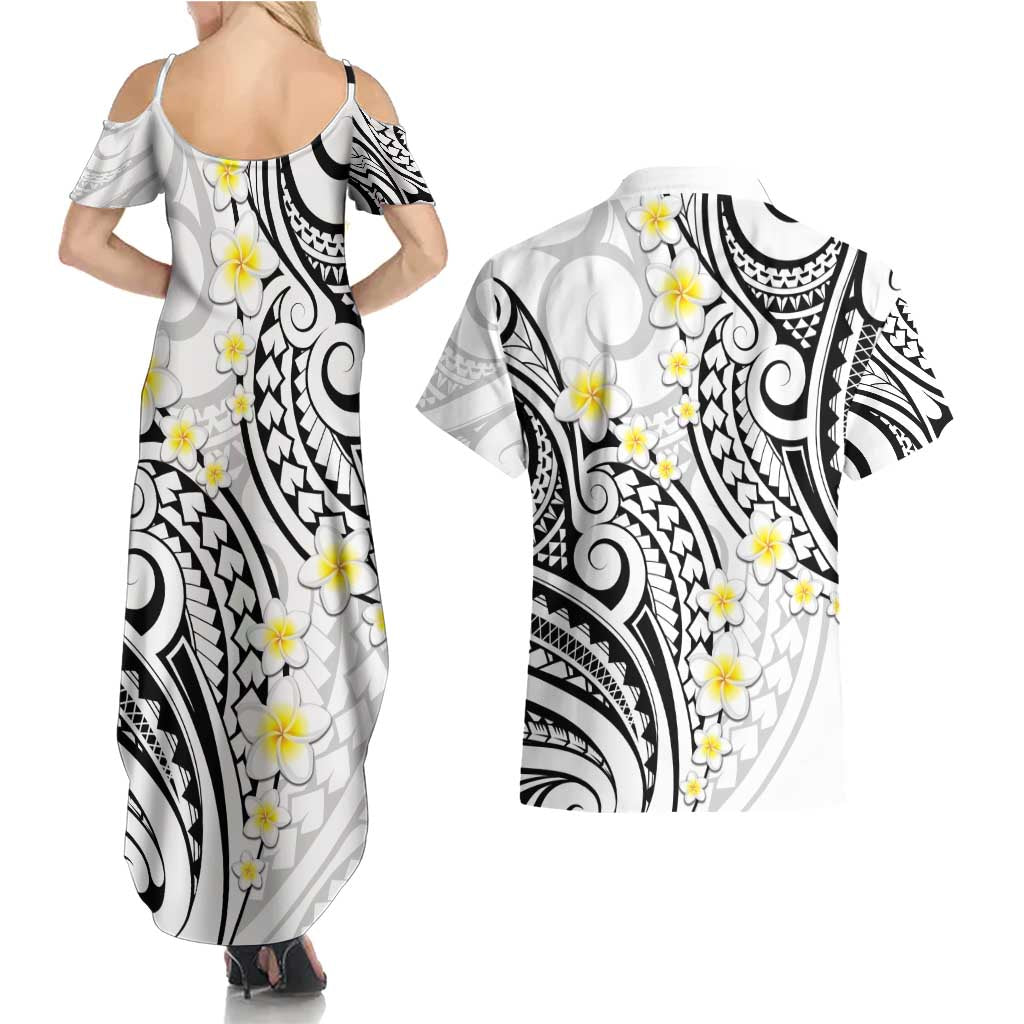 Plumeria With White Polynesian Tattoo Pattern Couples Matching Summer Maxi Dress and Hawaiian Shirt