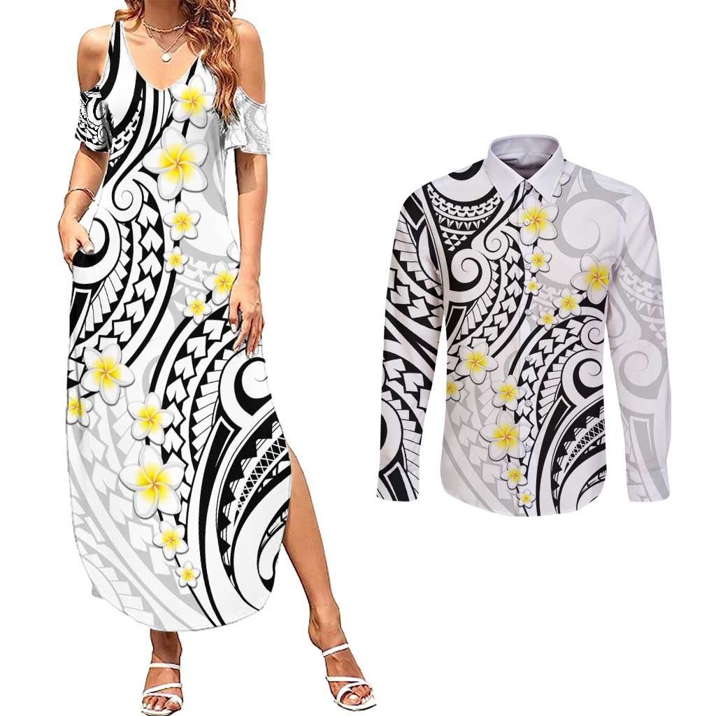 Plumeria With White Polynesian Tattoo Pattern Couples Matching Summer Maxi Dress and Long Sleeve Button Shirt