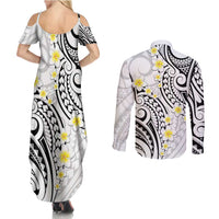 Plumeria With White Polynesian Tattoo Pattern Couples Matching Summer Maxi Dress and Long Sleeve Button Shirt