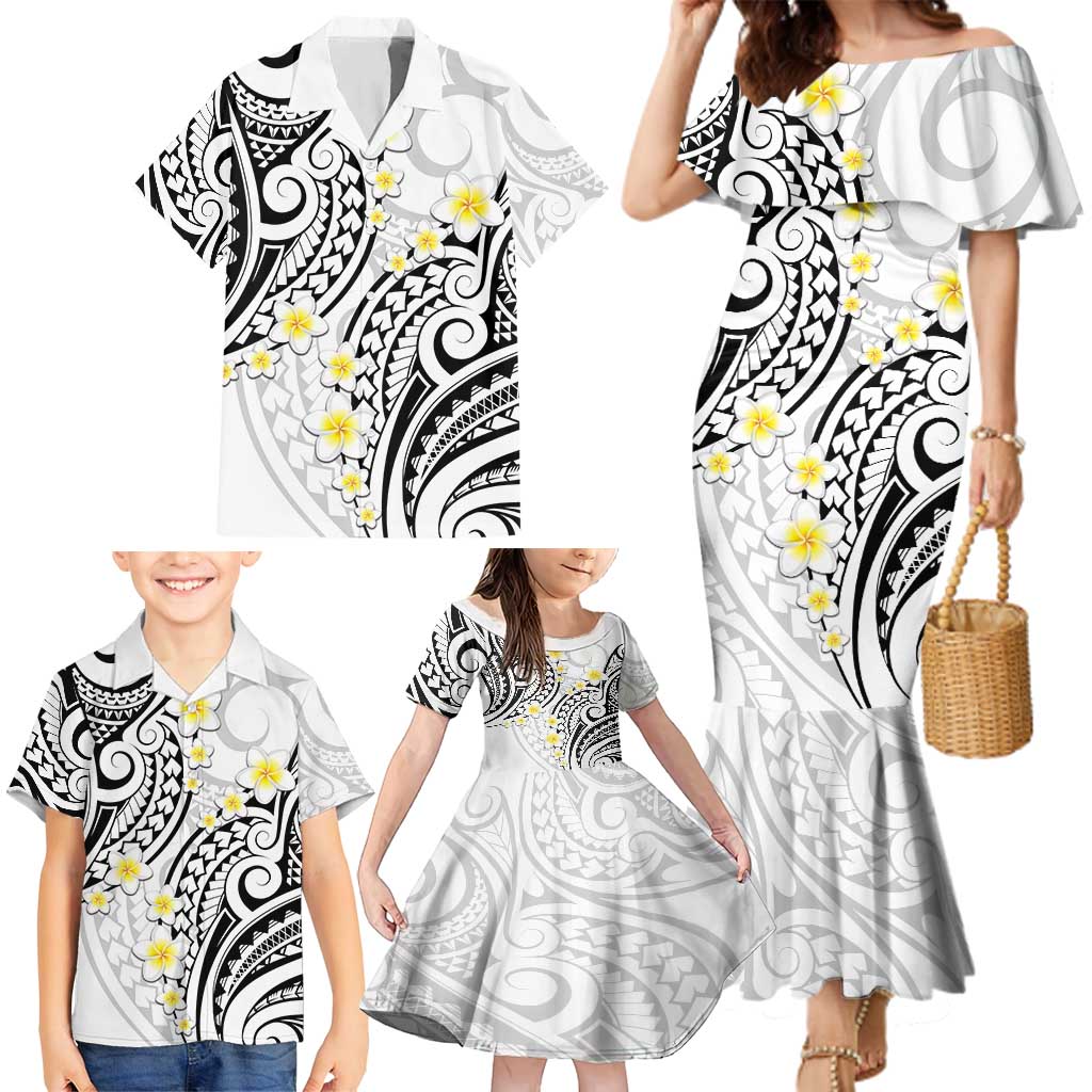 Plumeria With White Polynesian Tattoo Pattern Family Matching Mermaid Dress and Hawaiian Shirt