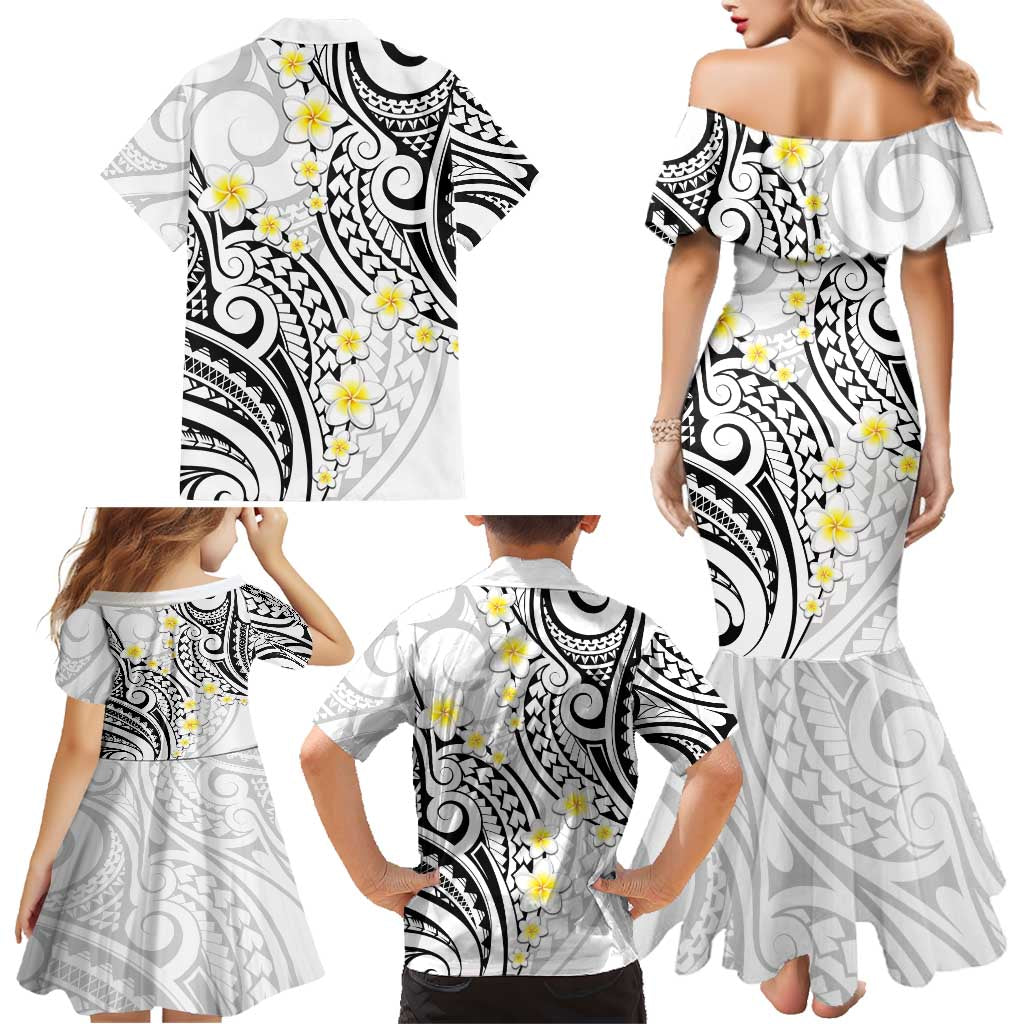 Plumeria With White Polynesian Tattoo Pattern Family Matching Mermaid Dress and Hawaiian Shirt