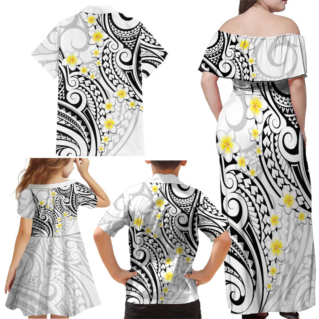 Plumeria With White Polynesian Tattoo Pattern Family Matching Off Shoulder Maxi Dress and Hawaiian Shirt