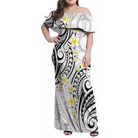 Plumeria With White Polynesian Tattoo Pattern Family Matching Off Shoulder Maxi Dress and Hawaiian Shirt
