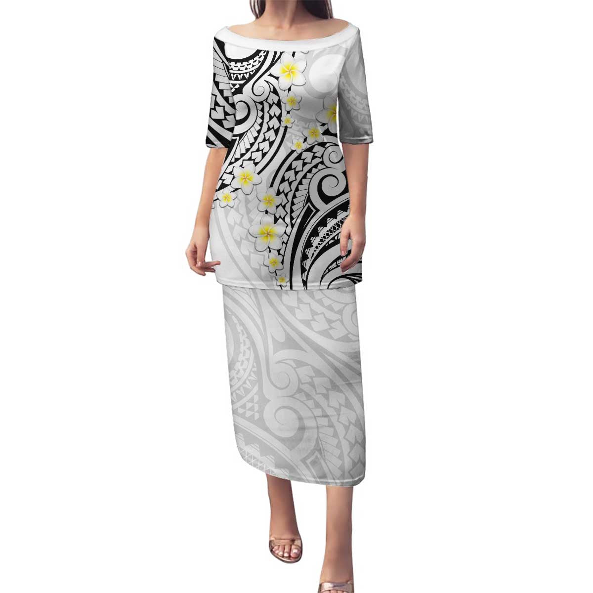 Plumeria With White Polynesian Tattoo Pattern Family Matching Puletasi and Hawaiian Shirt