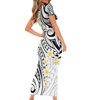 Plumeria With White Polynesian Tattoo Pattern Family Matching Short Sleeve Bodycon Dress and Hawaiian Shirt