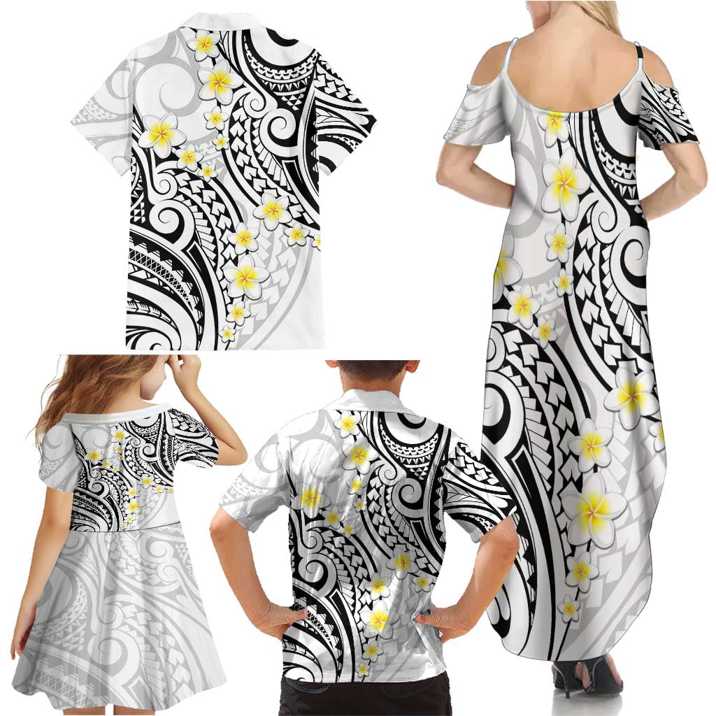 Plumeria With White Polynesian Tattoo Pattern Family Matching Summer Maxi Dress and Hawaiian Shirt