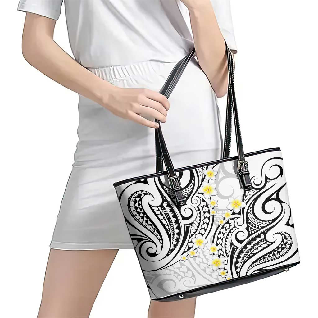 Plumeria With White Polynesian Tattoo Pattern Leather Tote Bag