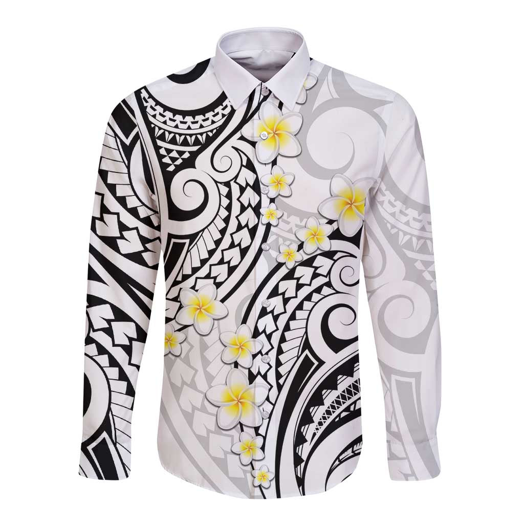 Plumeria With White Polynesian Tattoo Pattern Long Sleeve Button Shirt LT05 Unisex White - Polynesian Pride