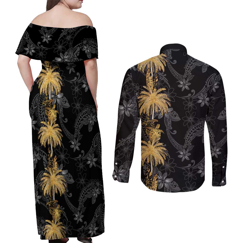 Hawaiian Honu And Surfboards Couples Matching Off Shoulder Maxi Dress and Long Sleeve Button Shirt Gold Style - Polynesian Pride