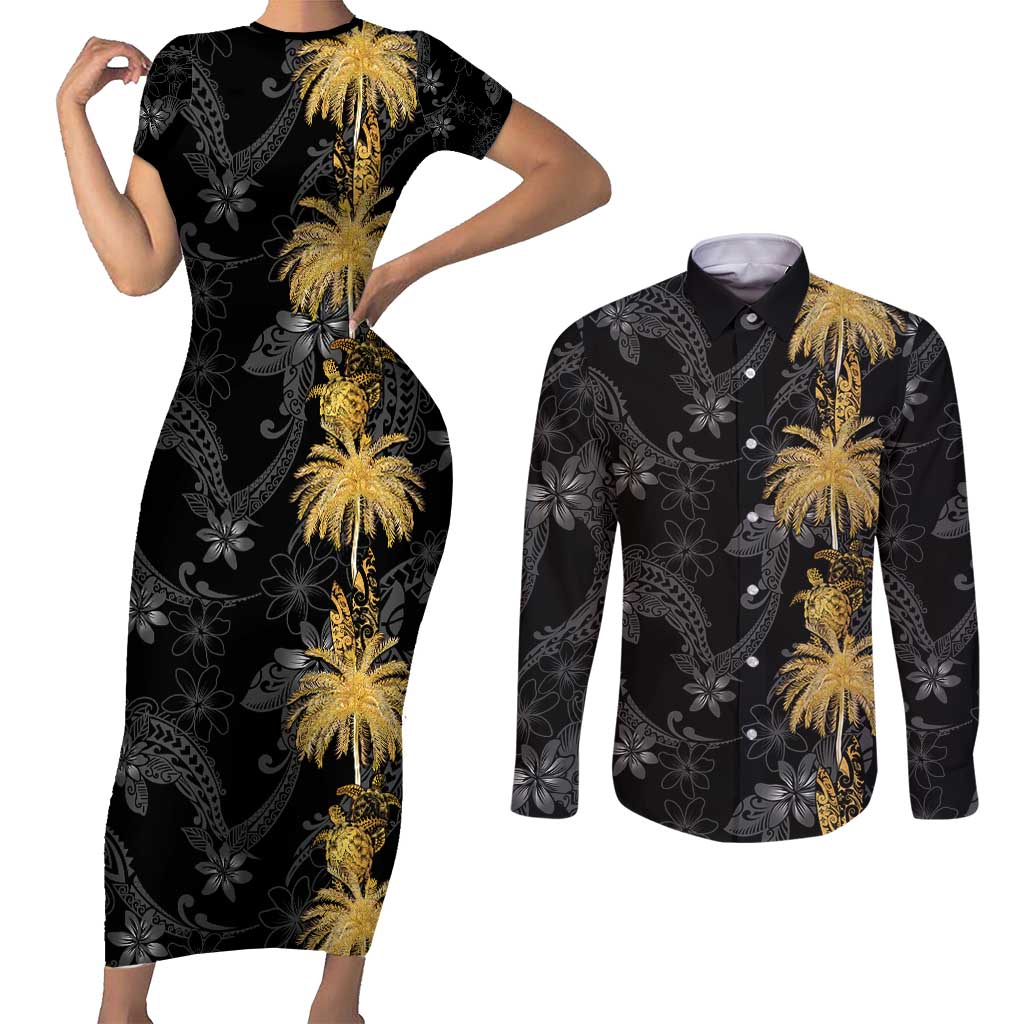 Hawaiian Honu And Surfboards Couples Matching Short Sleeve Bodycon Dress and Long Sleeve Button Shirt Gold Style - Polynesian Pride
