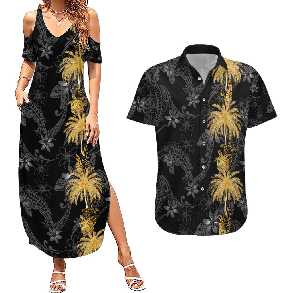 Hawaiian Honu And Surfboards Couples Matching Summer Maxi Dress and Hawaiian Shirt Gold Style - Polynesian Pride