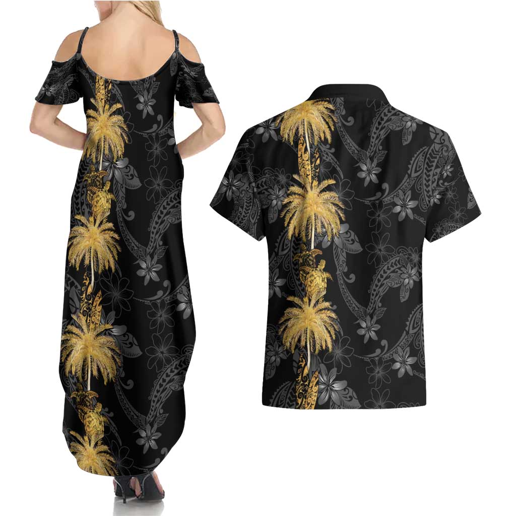 Hawaiian Honu And Surfboards Couples Matching Summer Maxi Dress and Hawaiian Shirt Gold Style - Polynesian Pride