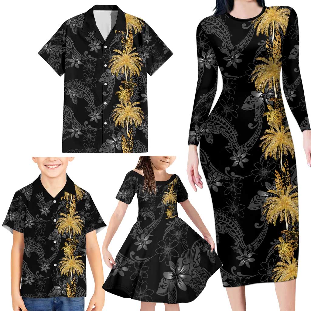 Hawaiian Honu And Surfboards Family Matching Long Sleeve Bodycon Dress and Hawaiian Shirt Gold Style - Polynesian Pride
