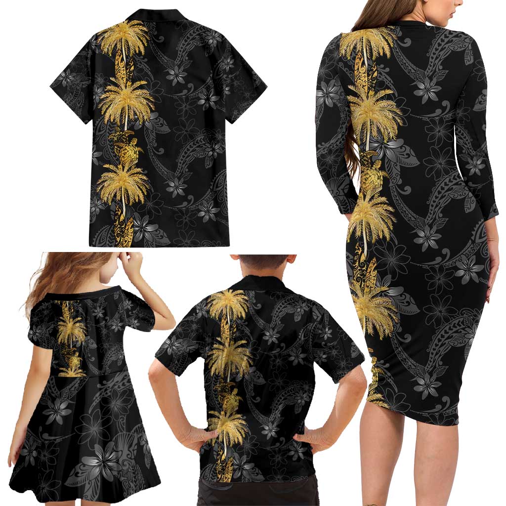 Hawaiian Honu And Surfboards Family Matching Long Sleeve Bodycon Dress and Hawaiian Shirt Gold Style - Polynesian Pride