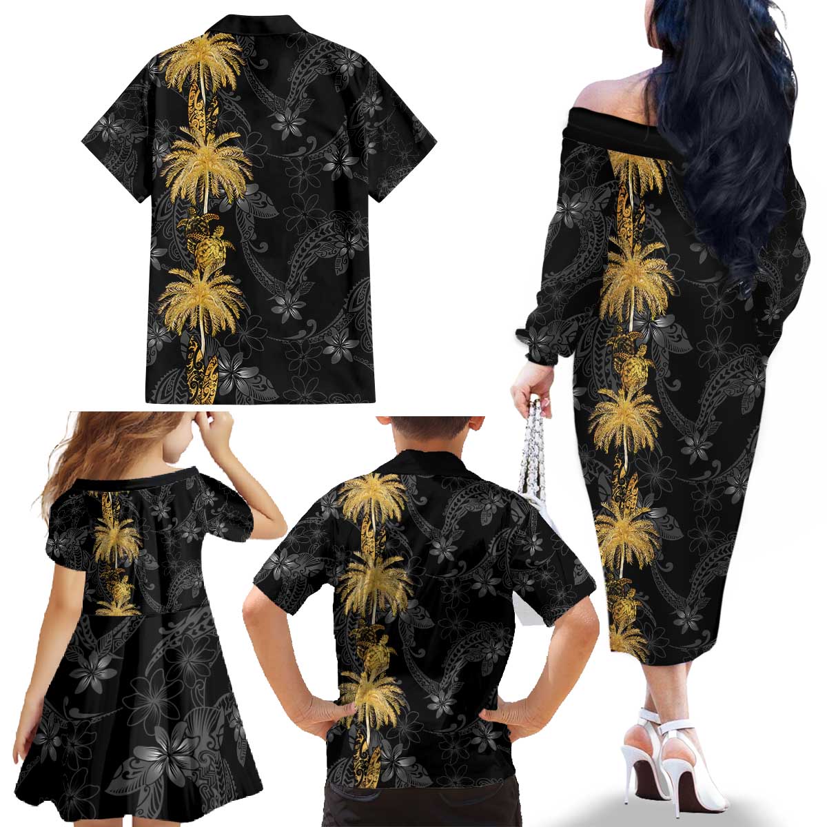 Hawaiian Honu And Surfboards Family Matching Off The Shoulder Long Sleeve Dress and Hawaiian Shirt Gold Style - Polynesian Pride