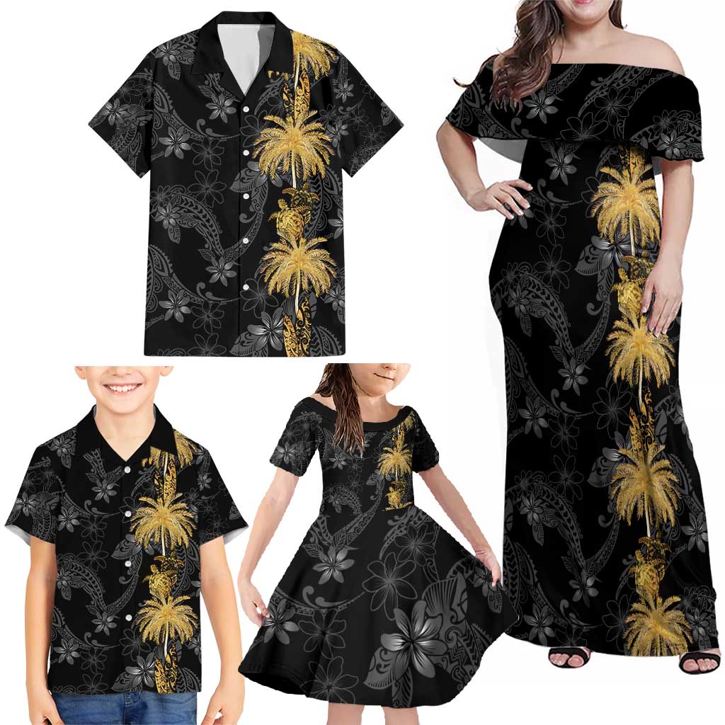 Hawaiian Honu And Surfboards Family Matching Off Shoulder Maxi Dress and Hawaiian Shirt Gold Style - Polynesian Pride