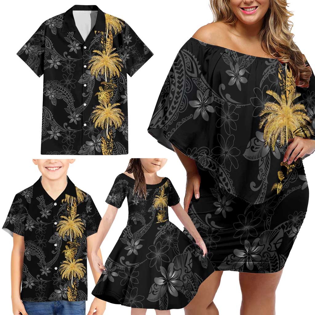 Hawaiian Honu And Surfboards Family Matching Off Shoulder Short Dress and Hawaiian Shirt Gold Style - Polynesian Pride