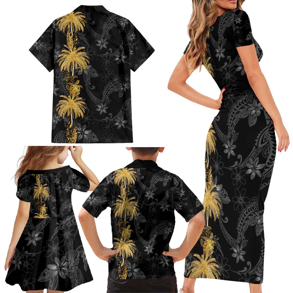 Hawaiian Honu And Surfboards Family Matching Short Sleeve Bodycon Dress and Hawaiian Shirt Gold Style - Polynesian Pride