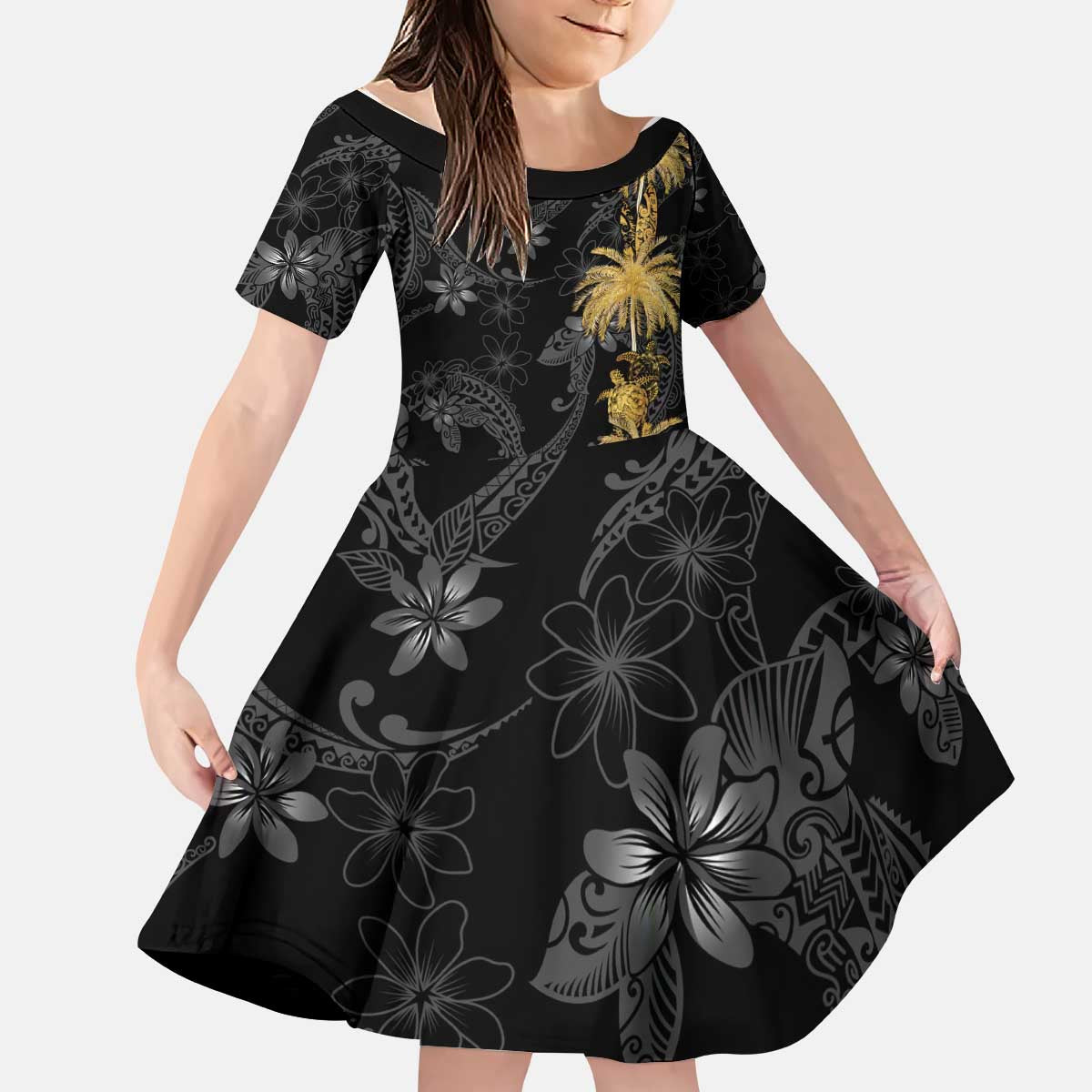 Hawaiian Honu And Surfboards Kid Short Sleeve Dress Gold Style - Polynesian Pride