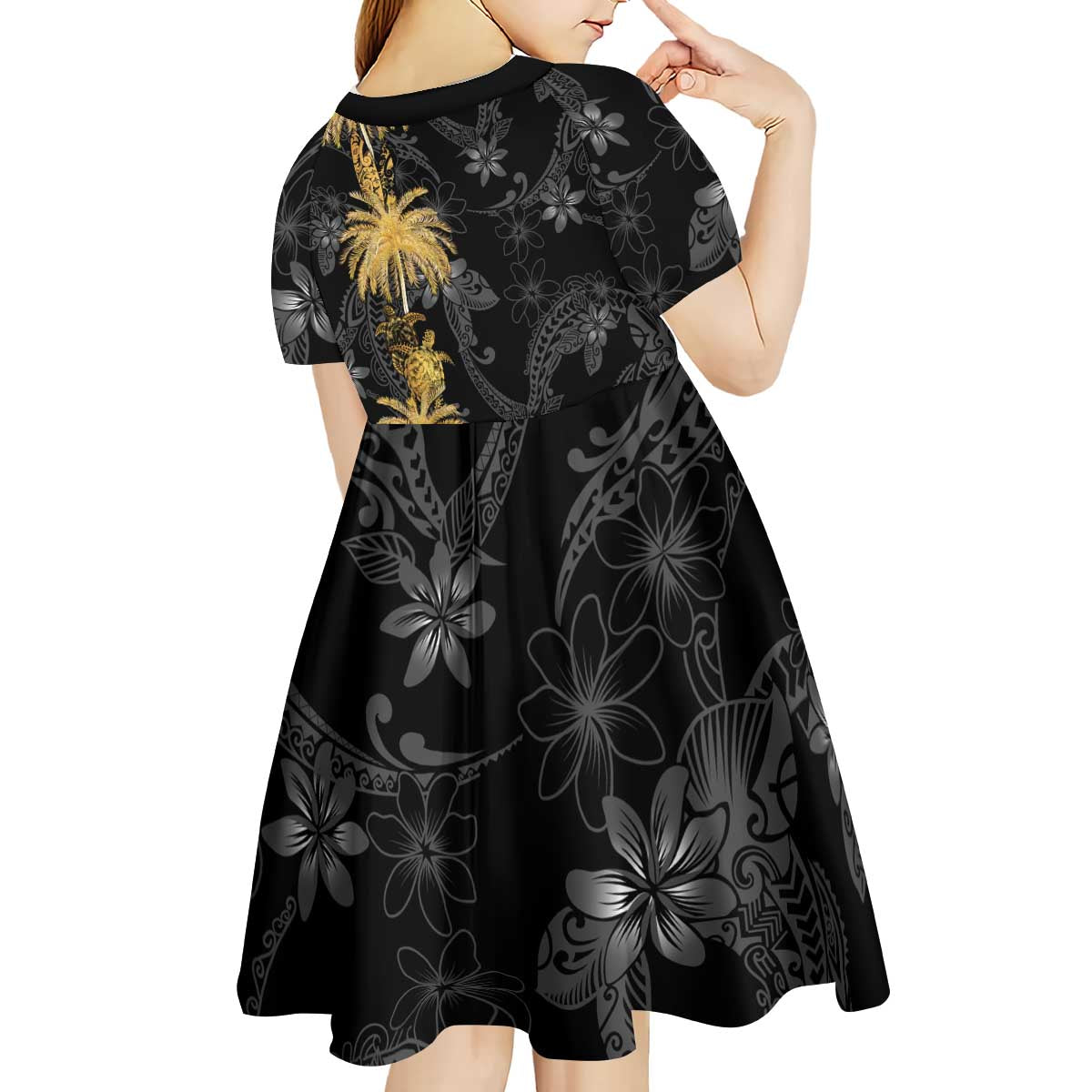 Hawaiian Honu And Surfboards Kid Short Sleeve Dress Gold Style - Polynesian Pride